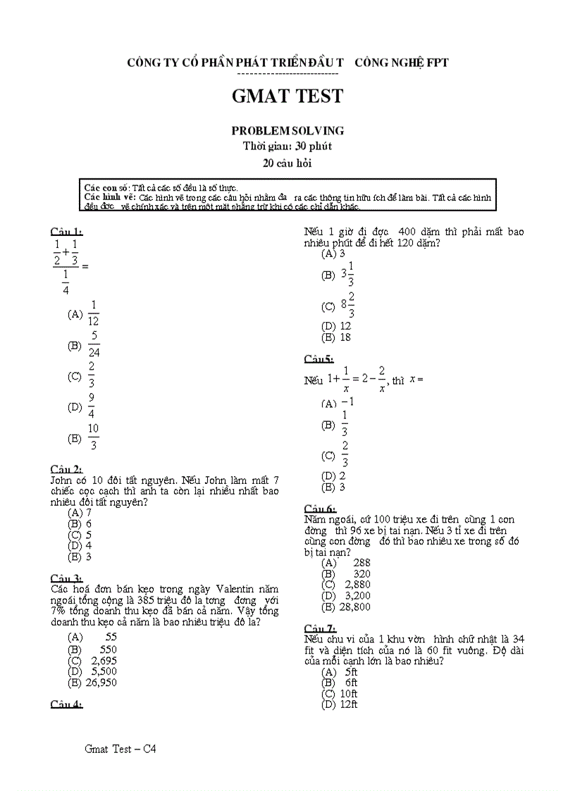 Đề thi GMAT test C3 Problem Solving FPT