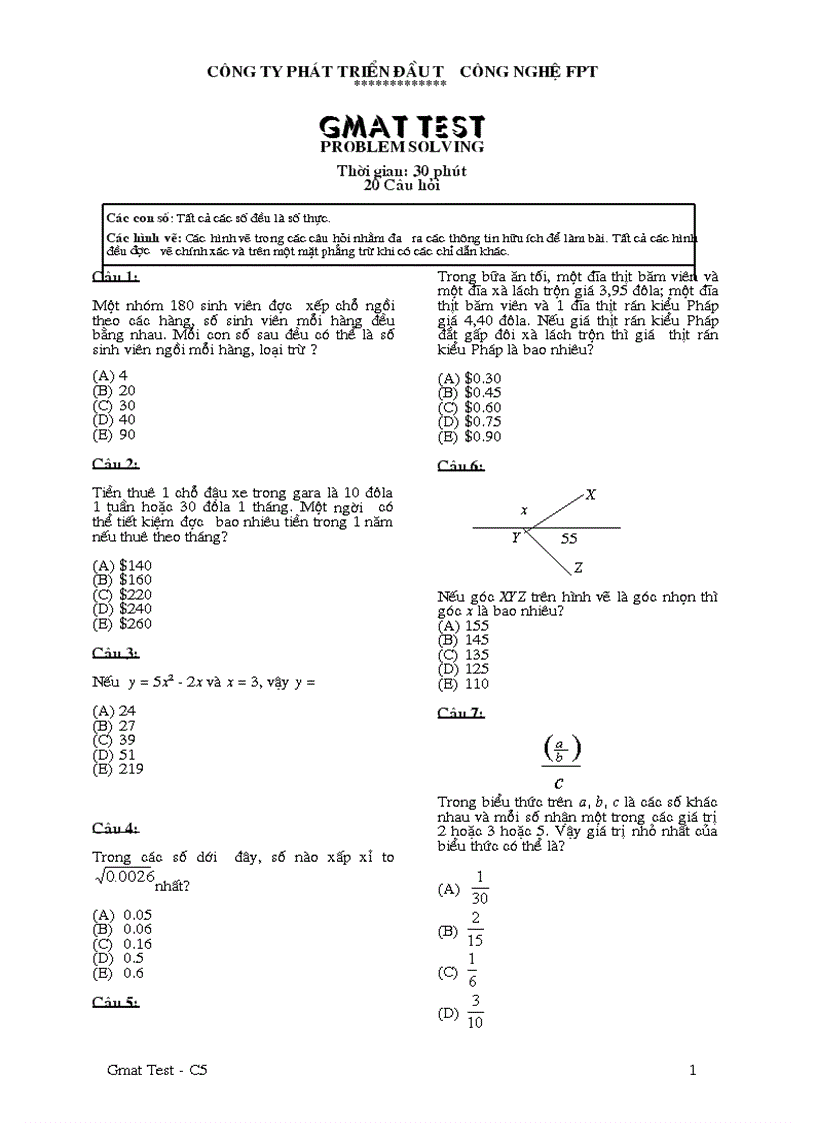 Đề thi GMAT test C4 Problem Solving FPT