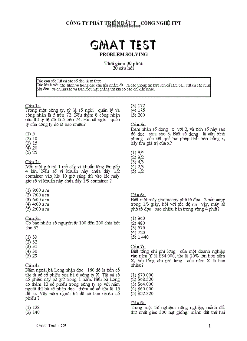 Đề thi GMAT test C8 Problem Solving FPT