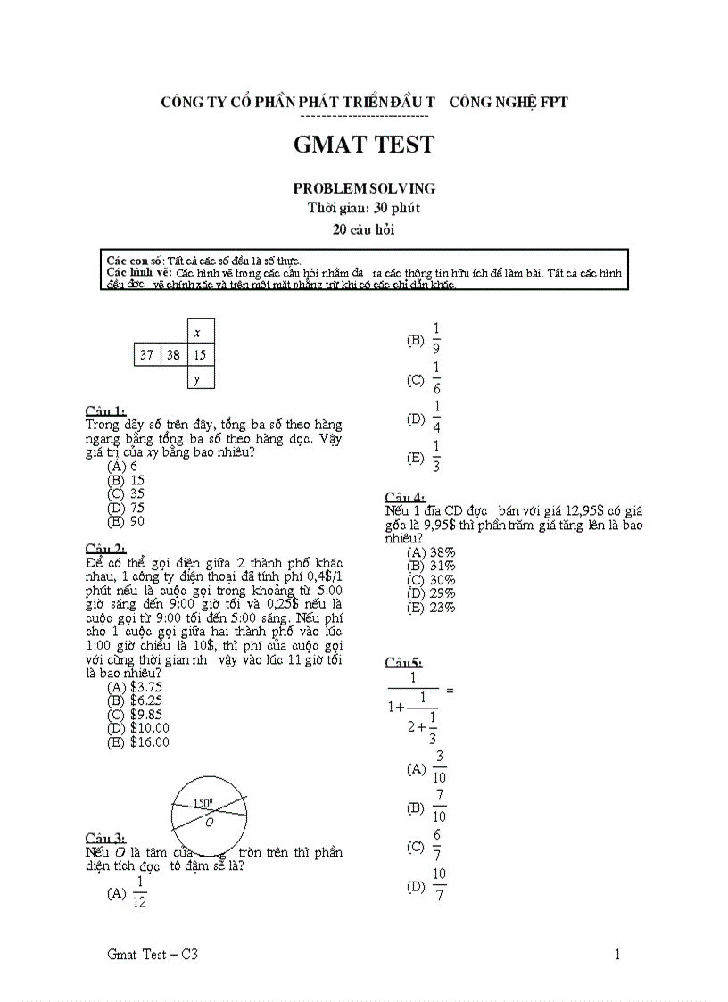 Đề thi GMAT test C2 Problem Solving FPT