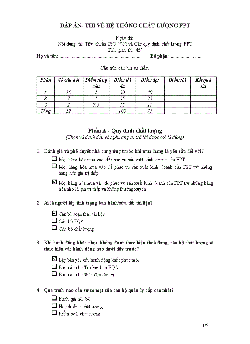 Đề thi Đáp án về hệ thống chất lượng của FPT