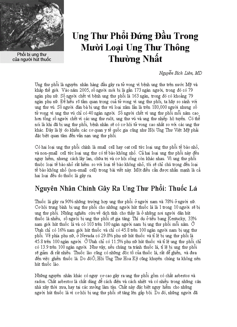 Ung Thư Phổi Ðứng Ðầu Trong Mười Loại Ung Thư Thông Thường Nhất