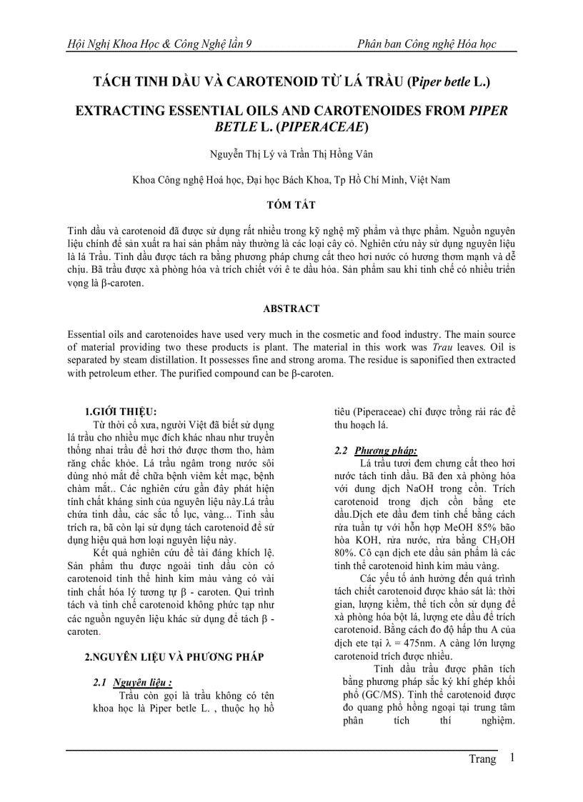 Tách tinh dầu và carotenoid từ lá trầu