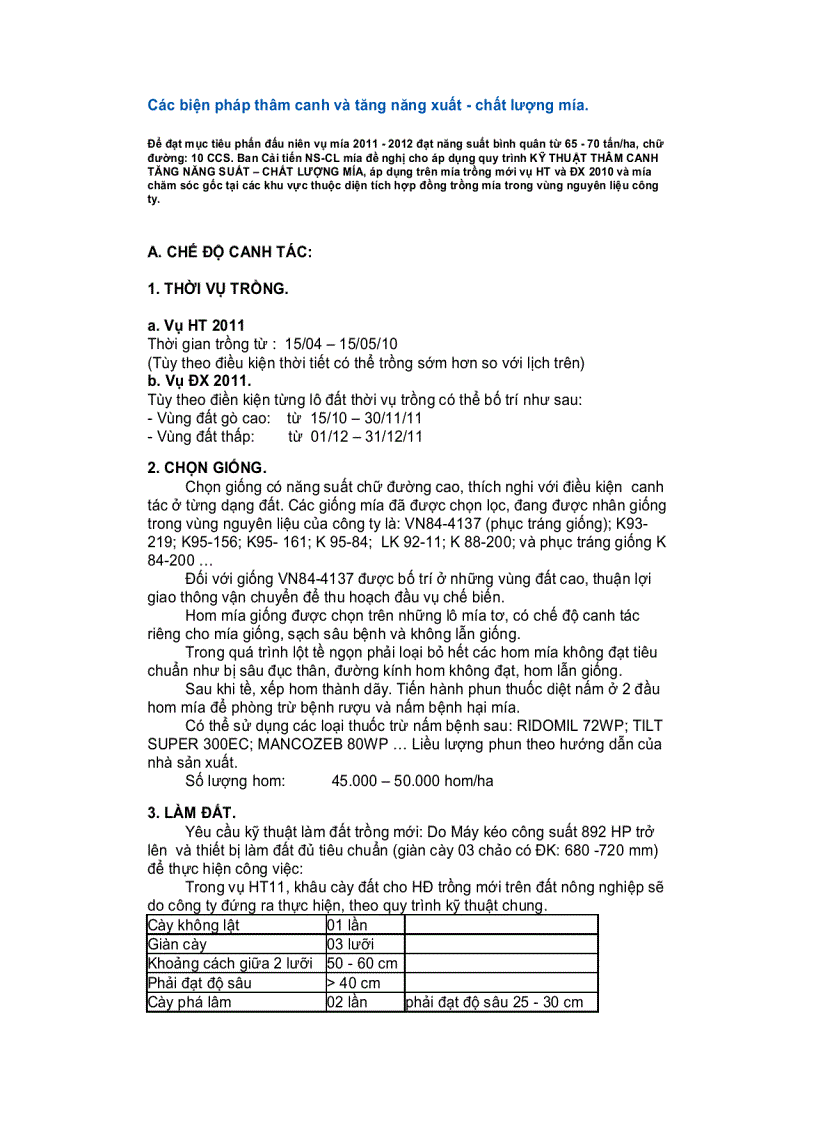 Các biện pháp thâm canh và tăng năng xuất chất lượng mía
