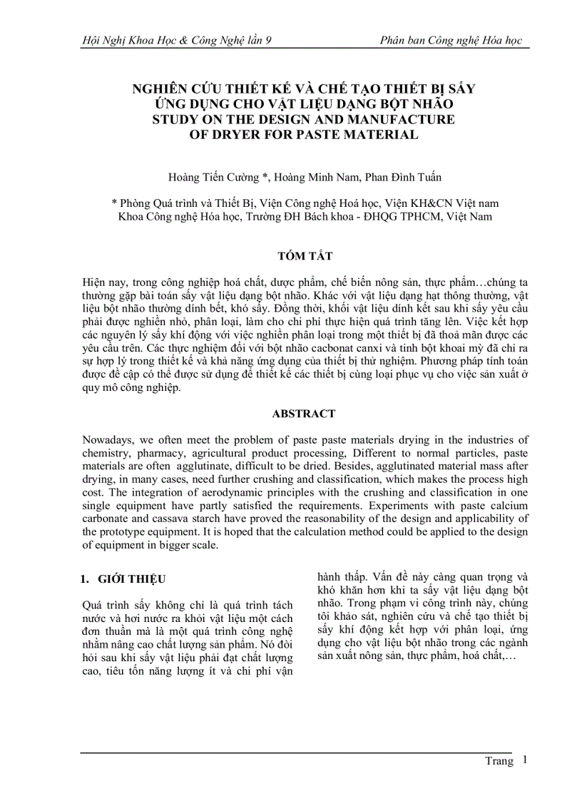 Nghiên cứu thiết kế và chế tạo thiết bị sấy ứng dụng cho vật liệu dạng bột nhão