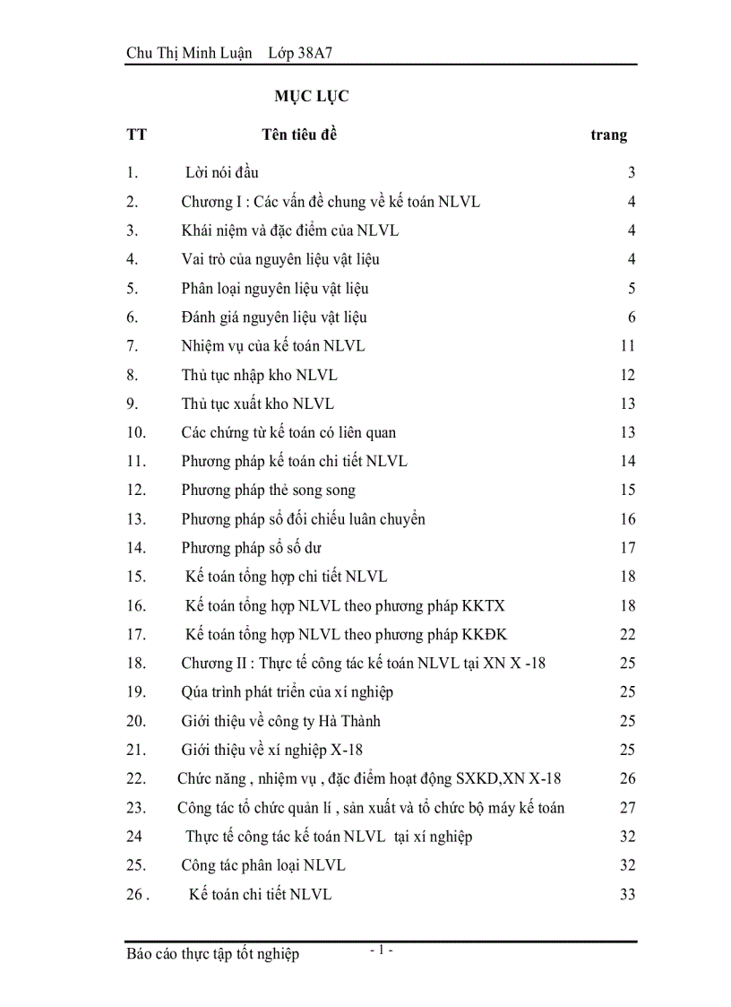Thực tế công tác kế toán NLVL tại xí nghiệp X 18