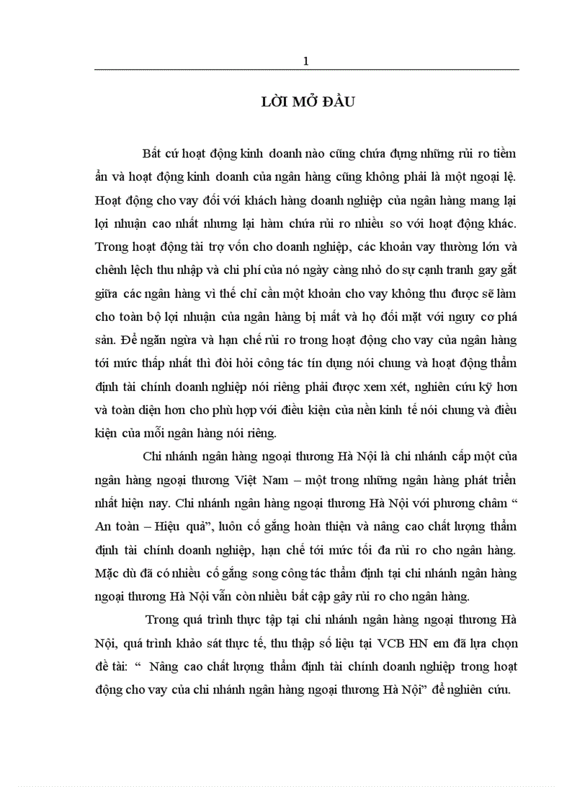 Nâng cao chất lượng thẩm định tài chính doanh nghiệp trong hoạt động cho vay của chi nhánh Ngân hàng ngoại thương Hà Nội