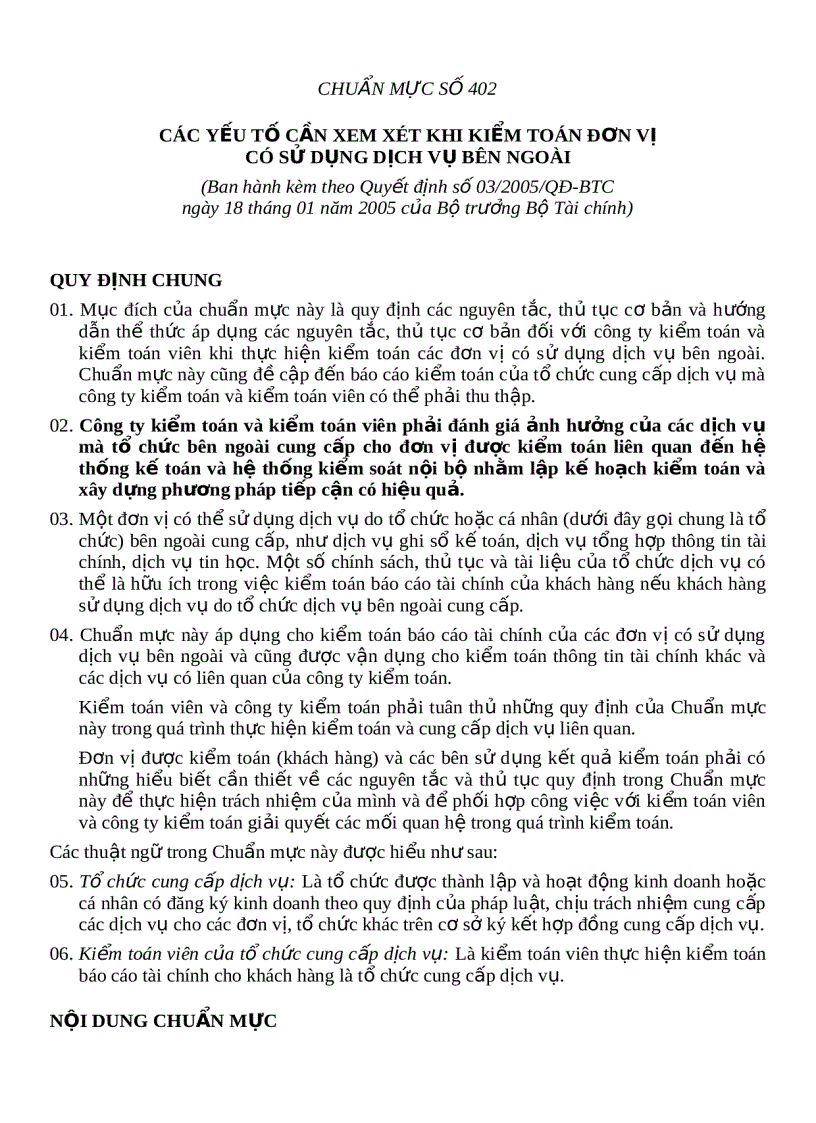 Chuẩn mực số 402 các yếu tố cần xem xét khi kiểm toán đơn vị sử dụng dịch vụ bên ngoài