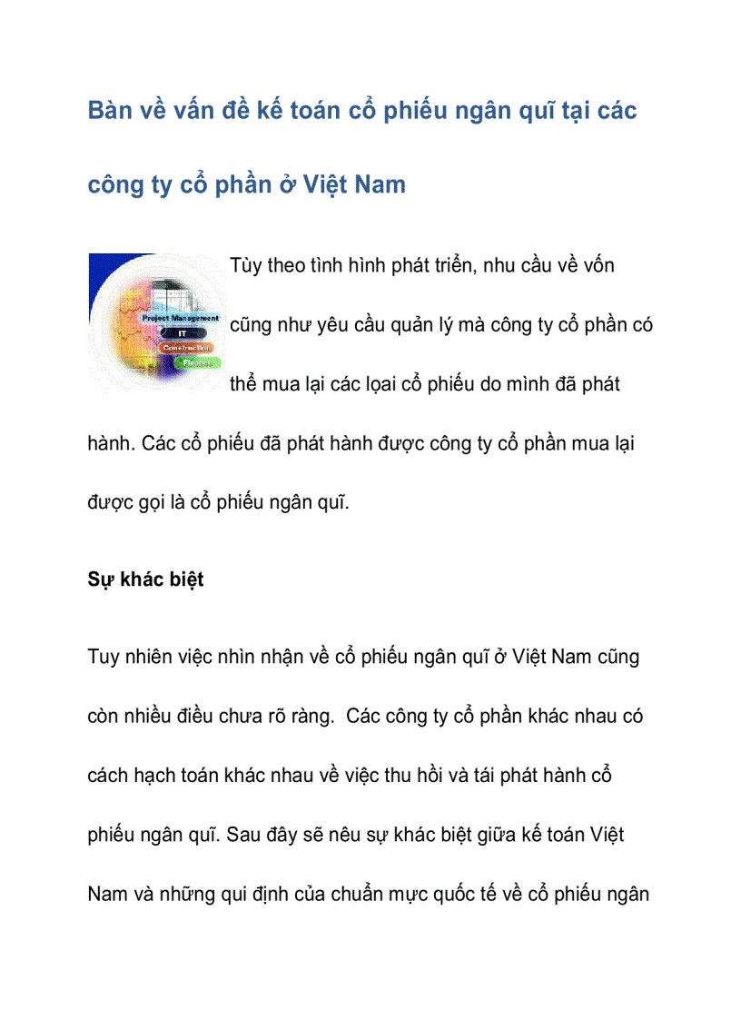 Bàn về vấn đề kế toán cổ phiếu ngân quĩ tại các công ty cổ phần ở Việt Nam