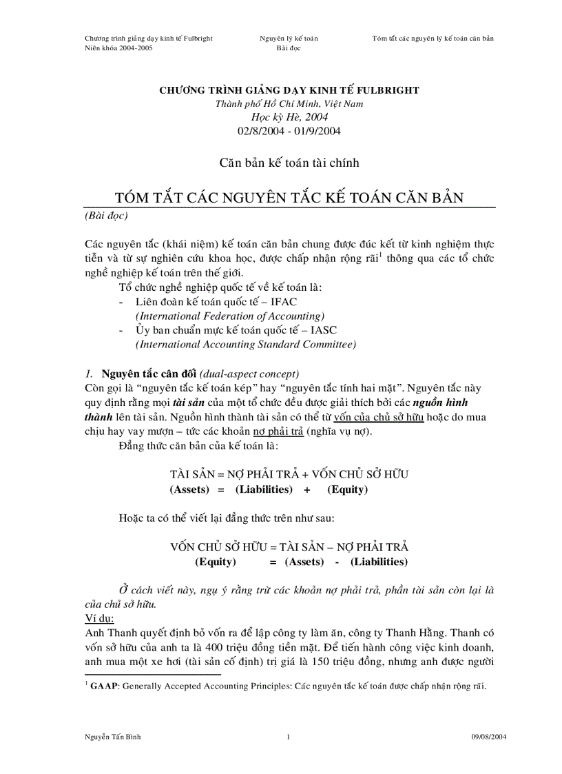 Căn bản kế toán tài chính TÓM TẮT CÁC NGUYÊN TẮC KẾ TOÁN CĂN BẢN