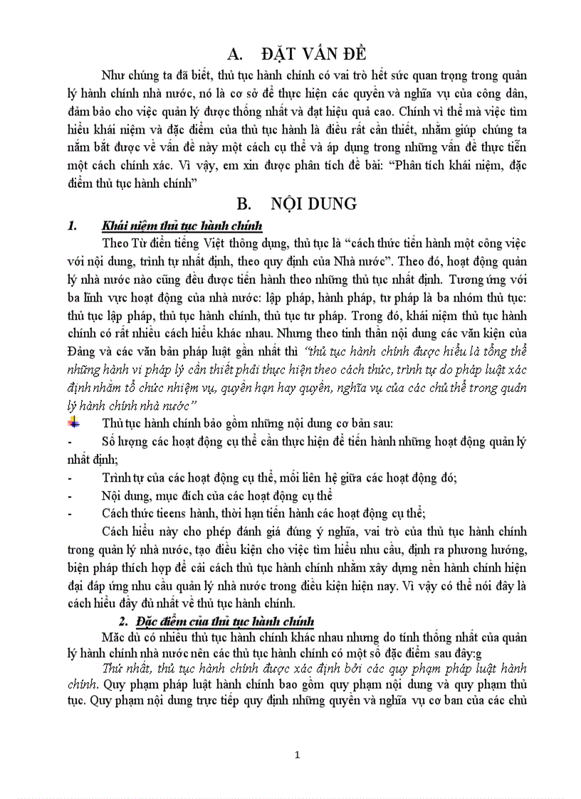 Bài tập hành chính tuần 1 Khái niệm đặc điểm thủ tục hành chính 8đ