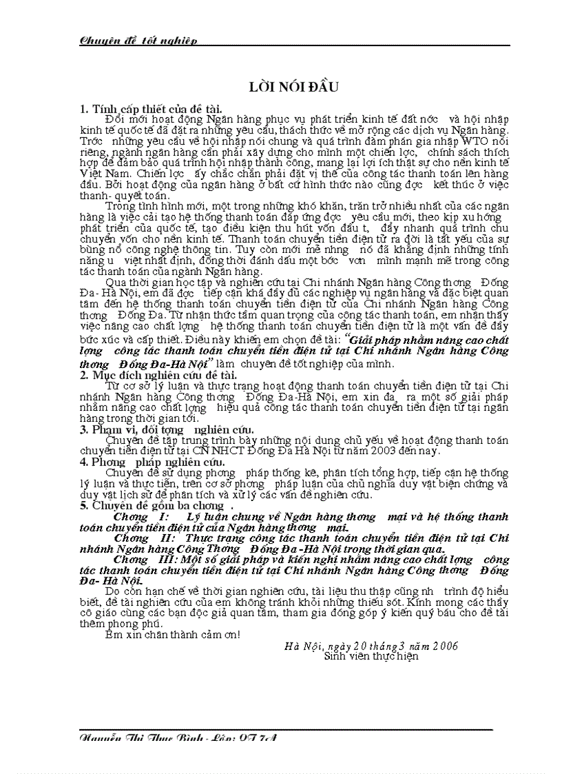 Giải pháp nhằm nâng cao chất lượng công tác thanh toán chuyển tiền điện tử tại Chi nhánh Ngân hàng Công thương Đống Đa Hà Nộ
