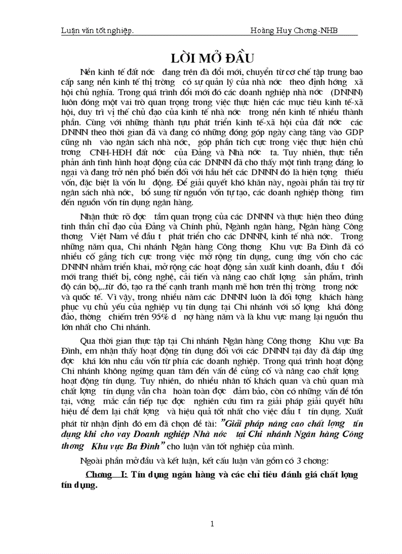 Giải pháp nâng cao chất lượng tín dụng khi cho vay Doanh nghiệp Nhà nước tại Chi nhánh Ngân hàng Công thương Khu vực Ba Đình