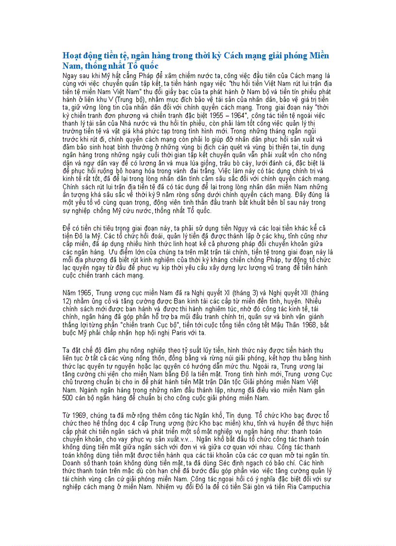Hoạt động tiền tệ ngân hàng trong thời kỳ Cách mạng giải phóng Miền Nam thống nhất Tổ quốc