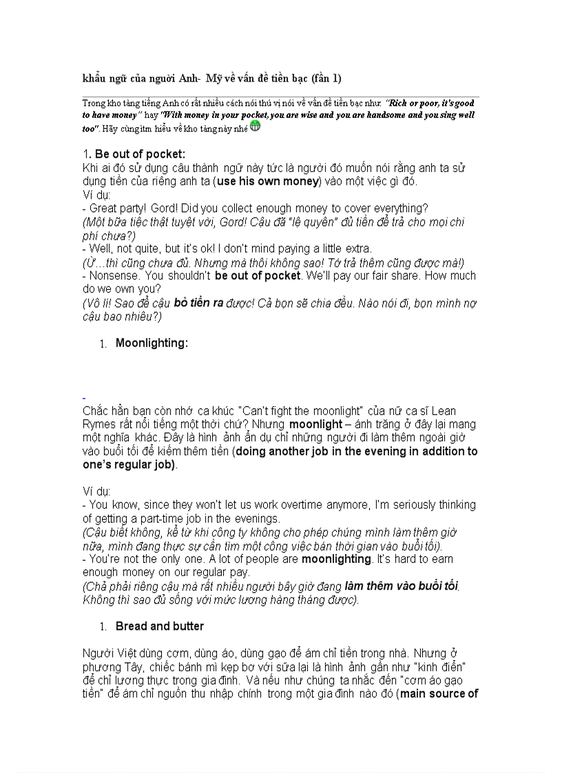 Khẩu ngữ của nguời Anh Mỹ về vấn đề tiền bạc fần 1