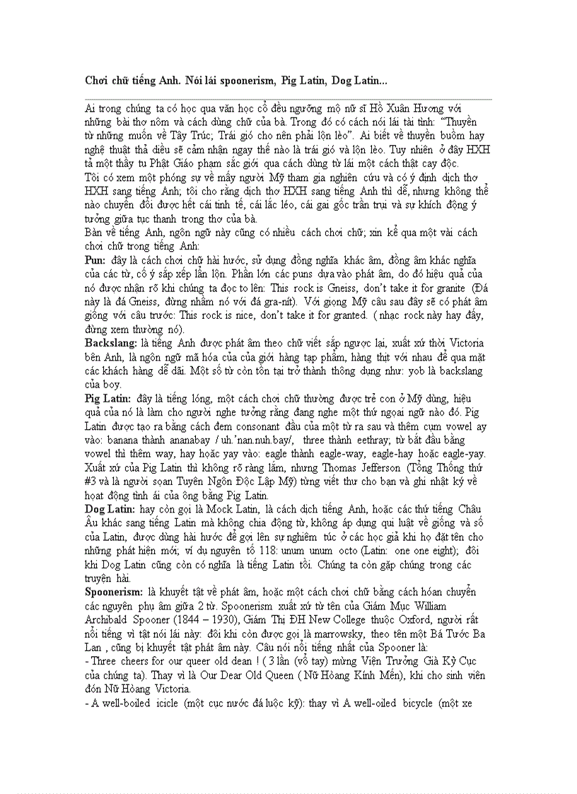 Chơi chữ tiếng Anh Nói lái spoonerism Pig Latin Dog Latin