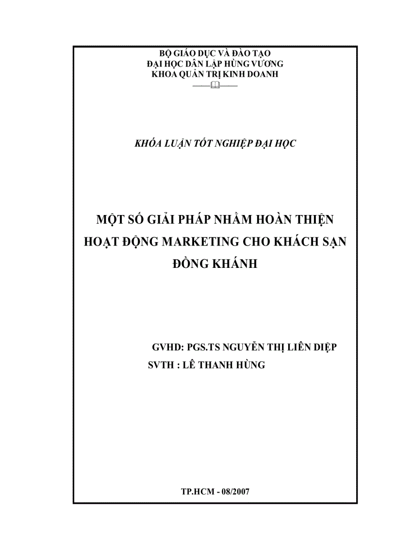 Đề cương Một số giải pháp nhằm hoàn thiện hoạt động marketing cho khách sạnđồng khánh