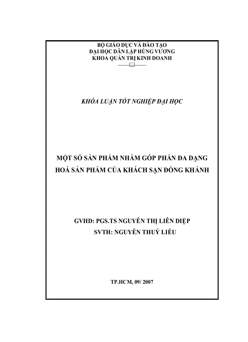 Đề cương Một số sản phẩm nhằm góp phần đa dạng hoá sản phẩm của khách sạn đồng khánh