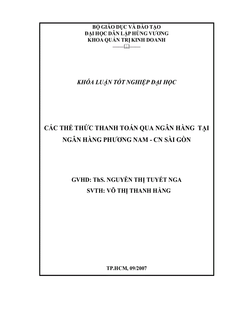 Đề cương Các thể thức thanh toán qua ngân hàng tại ngân hàng phương nam cn sài gòn