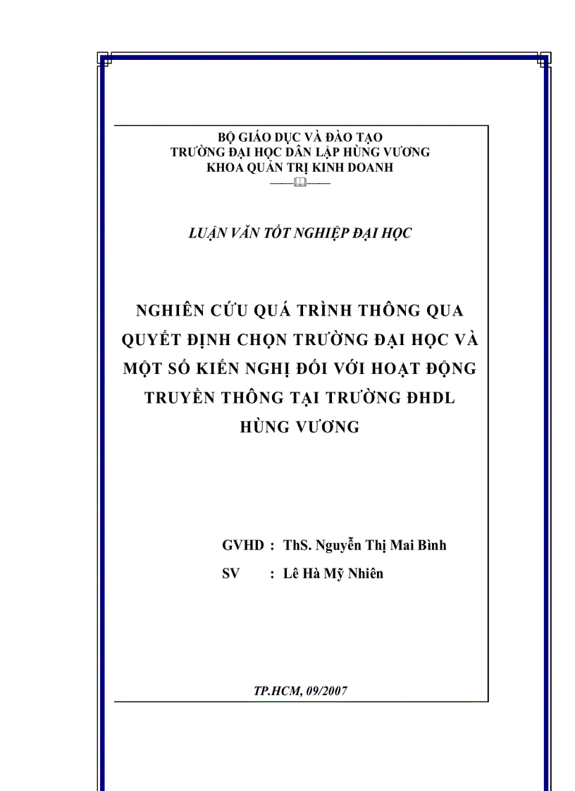 Đề cương Nghiên cứu quá trình thông qua quyết định chọn trường đại học và một số kiến nghị đối với hoạt động truyền thông tại trường đhdl hùng vương