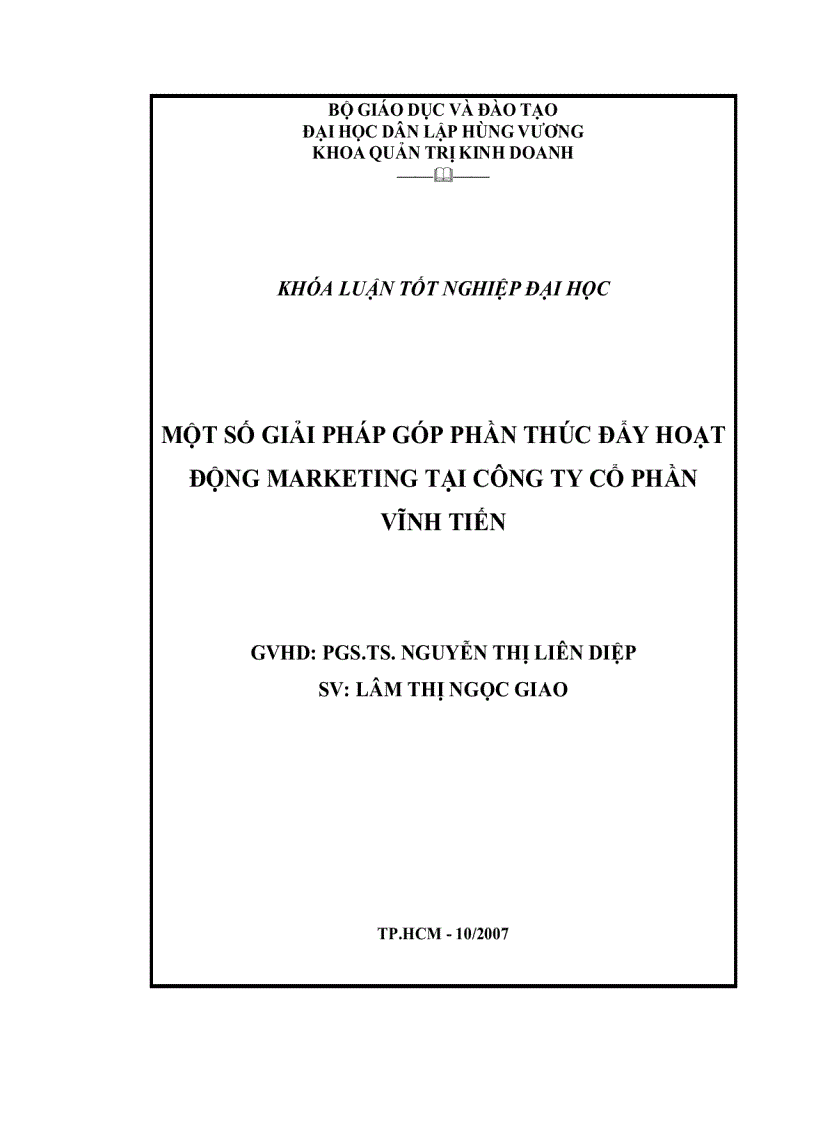 Đề cương Một số giải pháp góp phần thúc đẩy hoạt động marketing tại công ty cổ phần vĩnh tiến