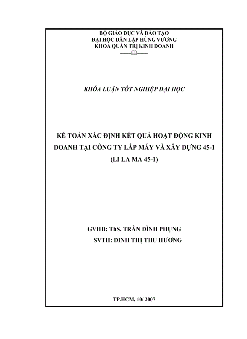 Đề cương Khóa luận tốt nghiệp đại học kế toán xác định kết quả hoạt động kinh doanh tại công ty lắp máy và xây dựng 45 1