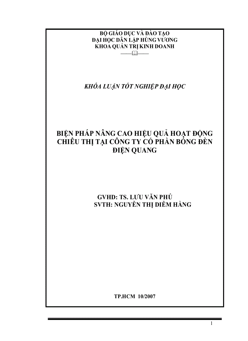 Đề cương Biện pháp nâng cao hiệu quả hoạt động chiêu thị tại công ty cổ phần bóng đèn điện quang