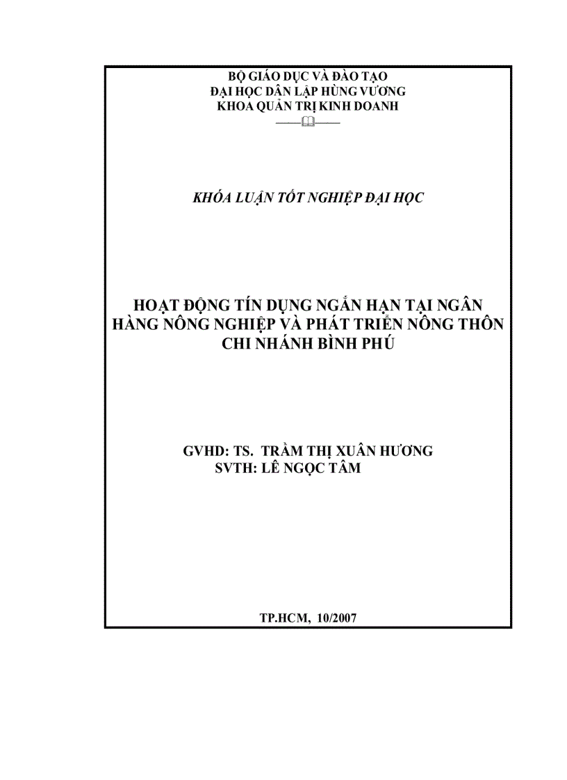 Đề cương Hoạt động tín dụng ngắn hạn tại ngân hàng nông nghiệp và phát triển nông thôn chi nhánh bình phú