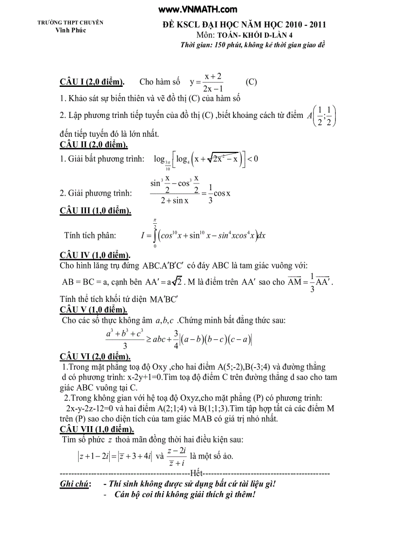 ĐỀ KSCL ĐẠI HỌC NĂM HỌC 2010 2011 Môn TOÁN KHỐI D LẦN 4