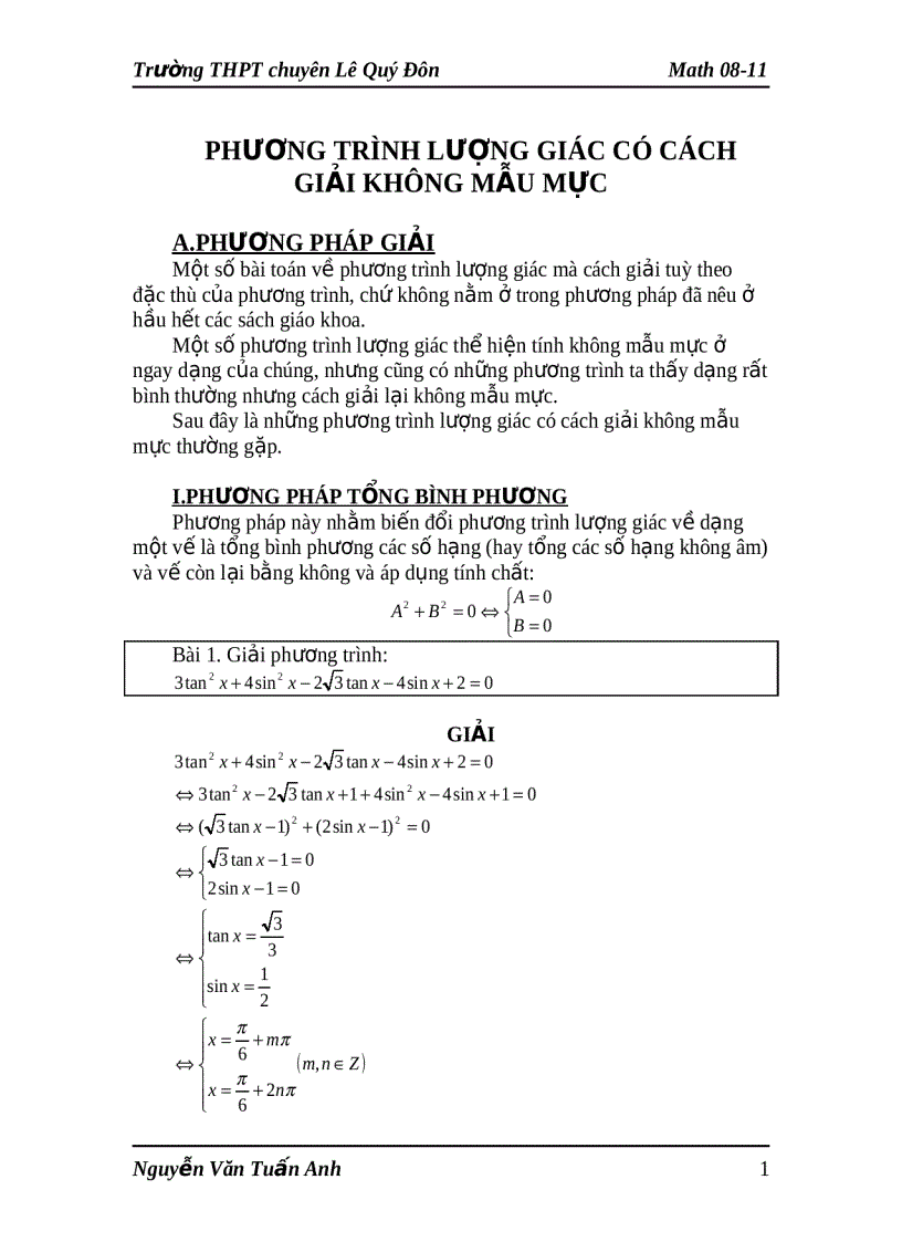 Phương trình lượng giác có cách giải không mẫu mực