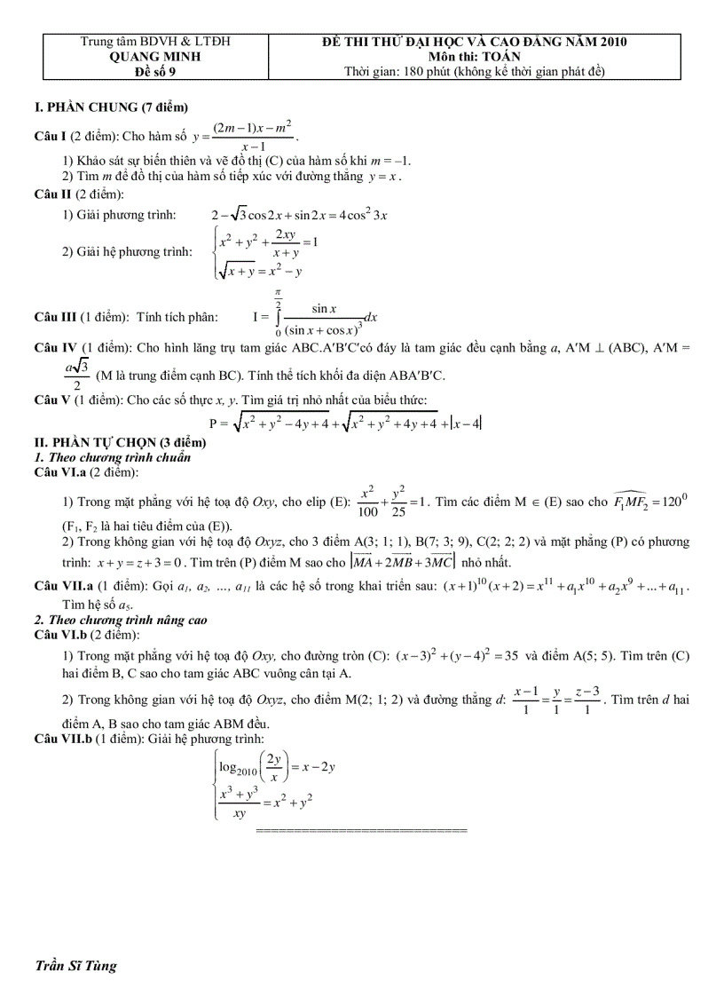 Đề thi thử đại học và cao đẳng năm 2010 09