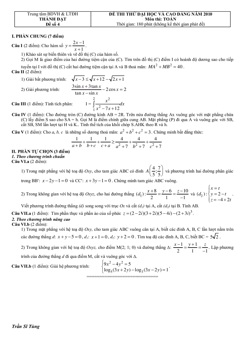 ĐỀ THI THỬ ĐẠI HỌC VÀ CAO ĐẲNG NĂM 2010 Môn thi TOÁN