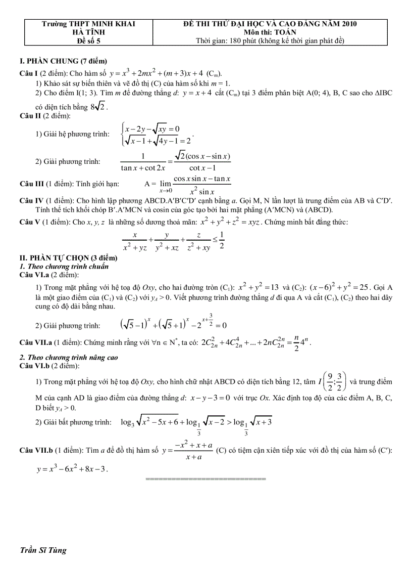 ĐỀ THI THỬ ĐẠI HỌC VÀ CAO ĐẲNG NĂM 2010 Môn thi TOÁN 2