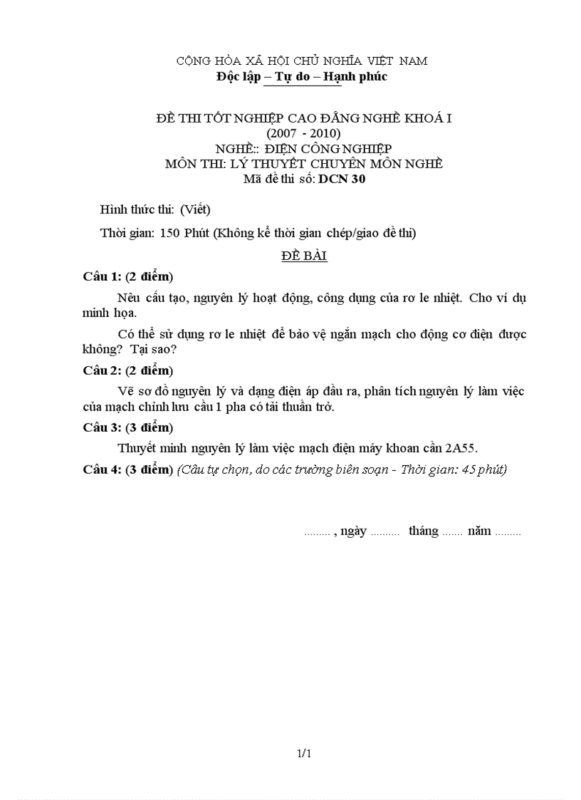 Đề thi lý thuyết nghề điện công nghiệp 30