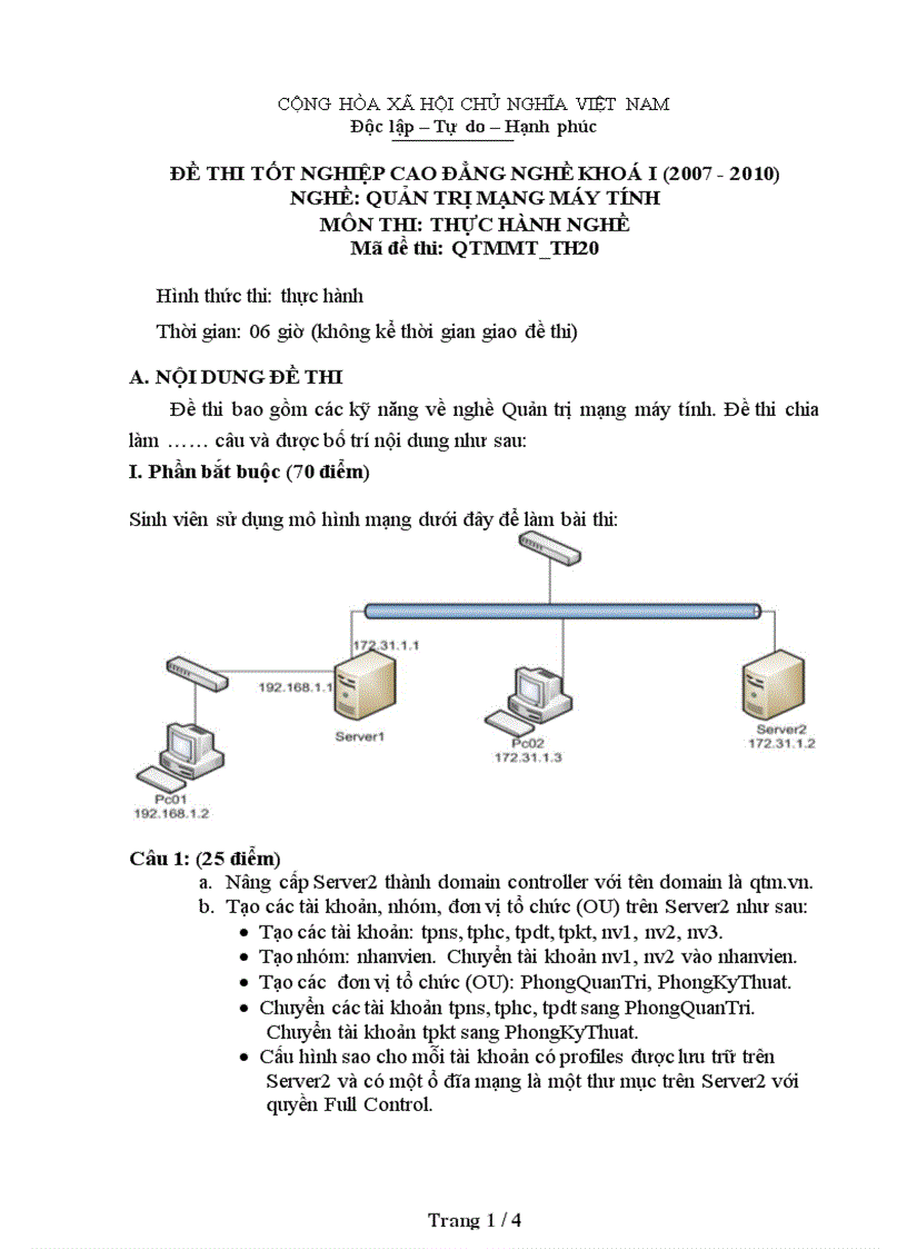 Đề thi nghề Quản trị mạng máy tính Thực hành nghề 20