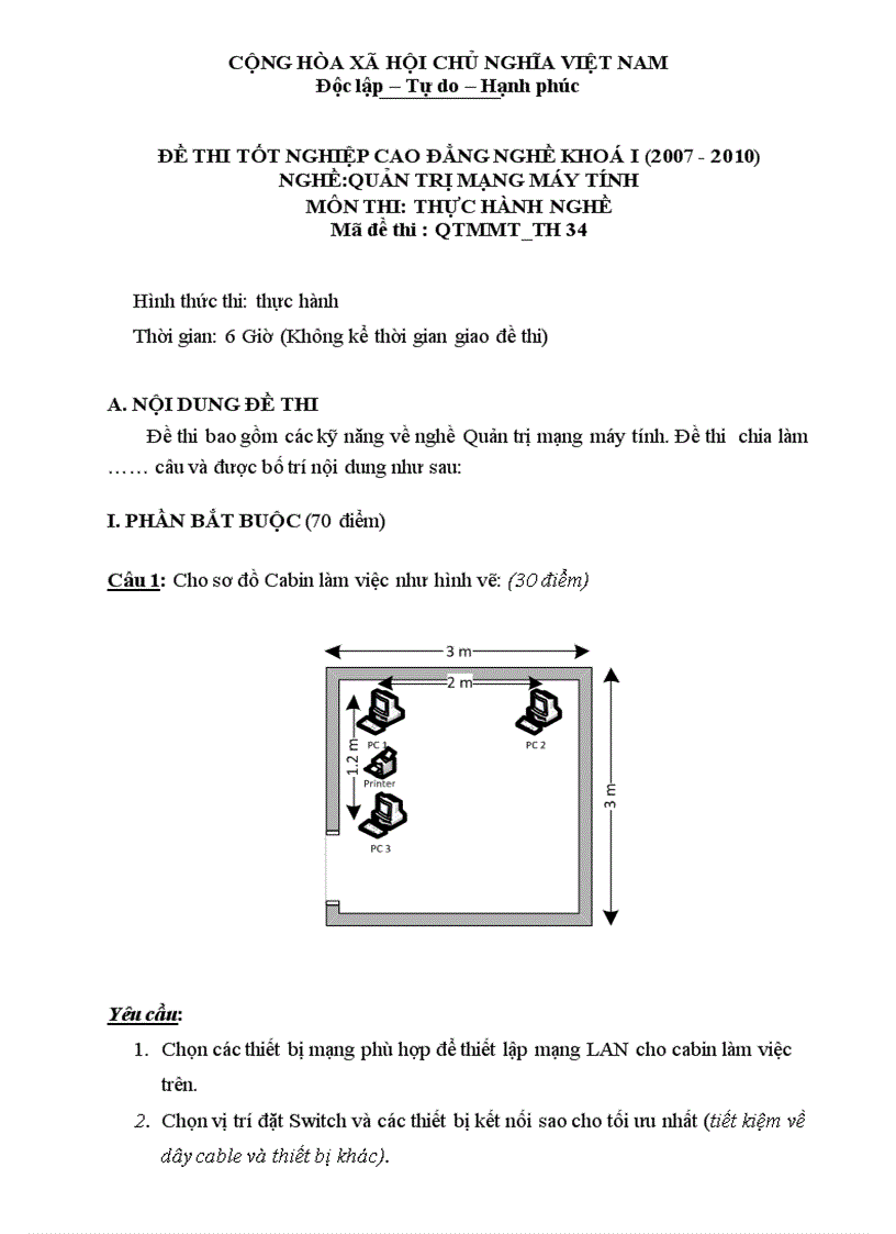 Đề thi nghề Quản trị mạng máy tính Thực hành nghề 34