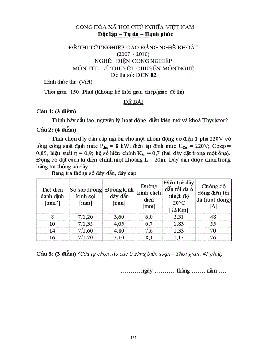 Đề thi lý thuyết nghề điện công nghiệp 2