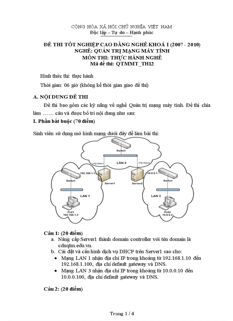 Đề thi nghề Quản trị mạng máy tính Thực hành nghề 12
