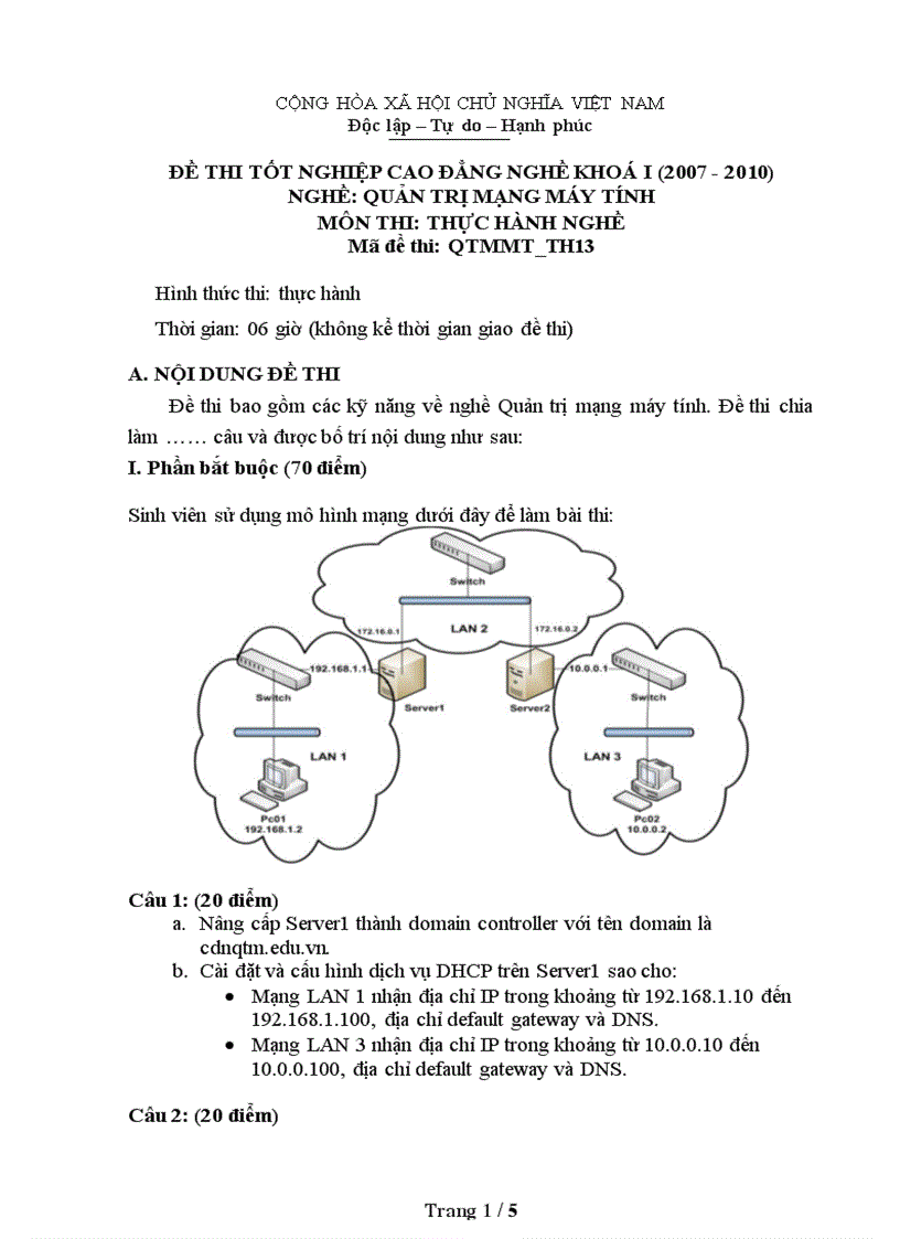 Đề thi nghề Quản trị mạng máy tính Thực hành nghề 13
