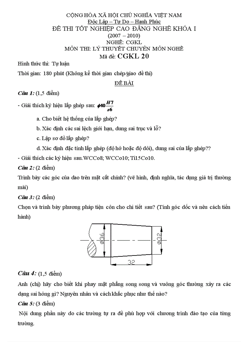 Đề thi lý thuyết cắt gọt kim loại 20