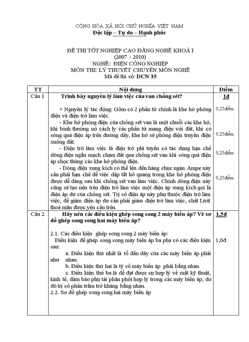 Đáp án đề thi lý thuyết nghề điện công nghiệp 35