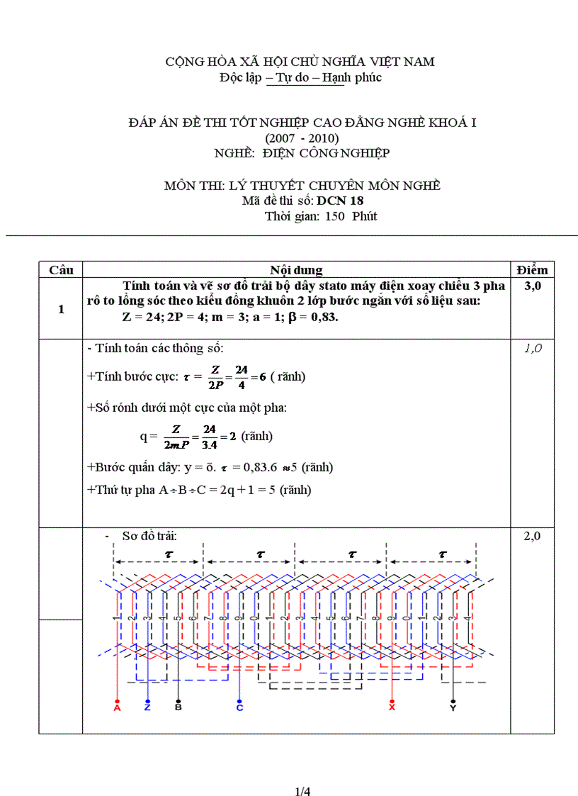 Đáp án đề thi lý thuyết nghề điện công nghiệp 18
