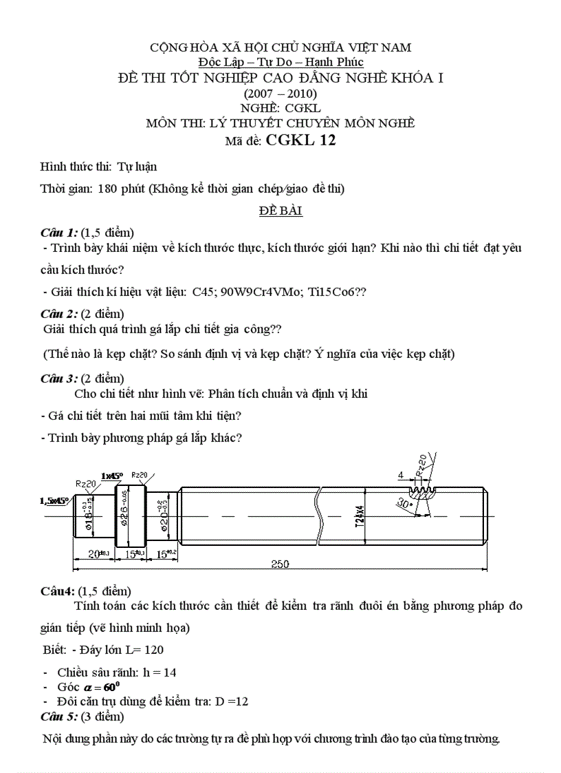 Đề thi lý thuyết cắt gọt kim loại 12