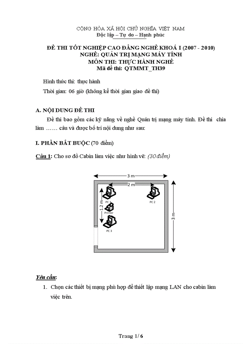 Đề thi nghề Quản trị mạng máy tính Thực hành nghề 39