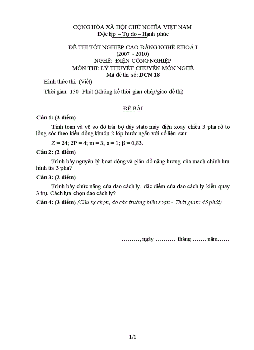 Đề thi lý thuyết nghề điện công nghiệp 18