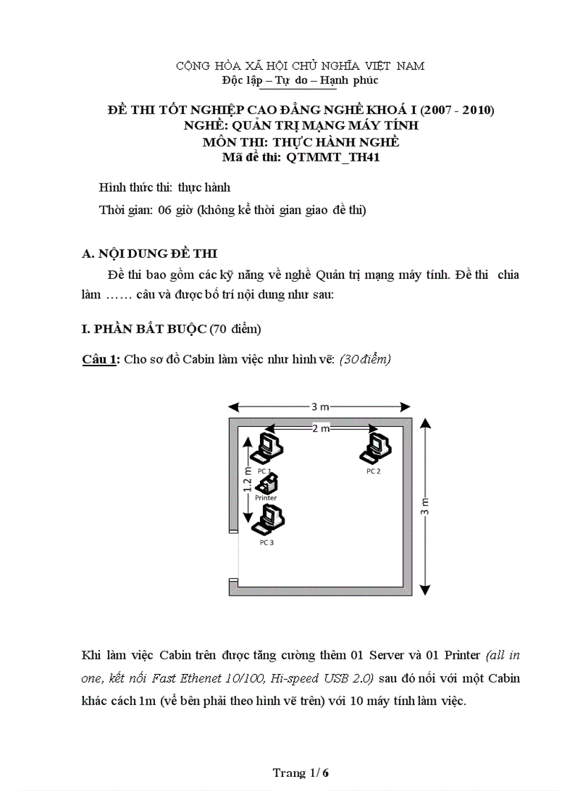 Đề thi nghề Quản trị mạng máy tính Thực hành nghề 41