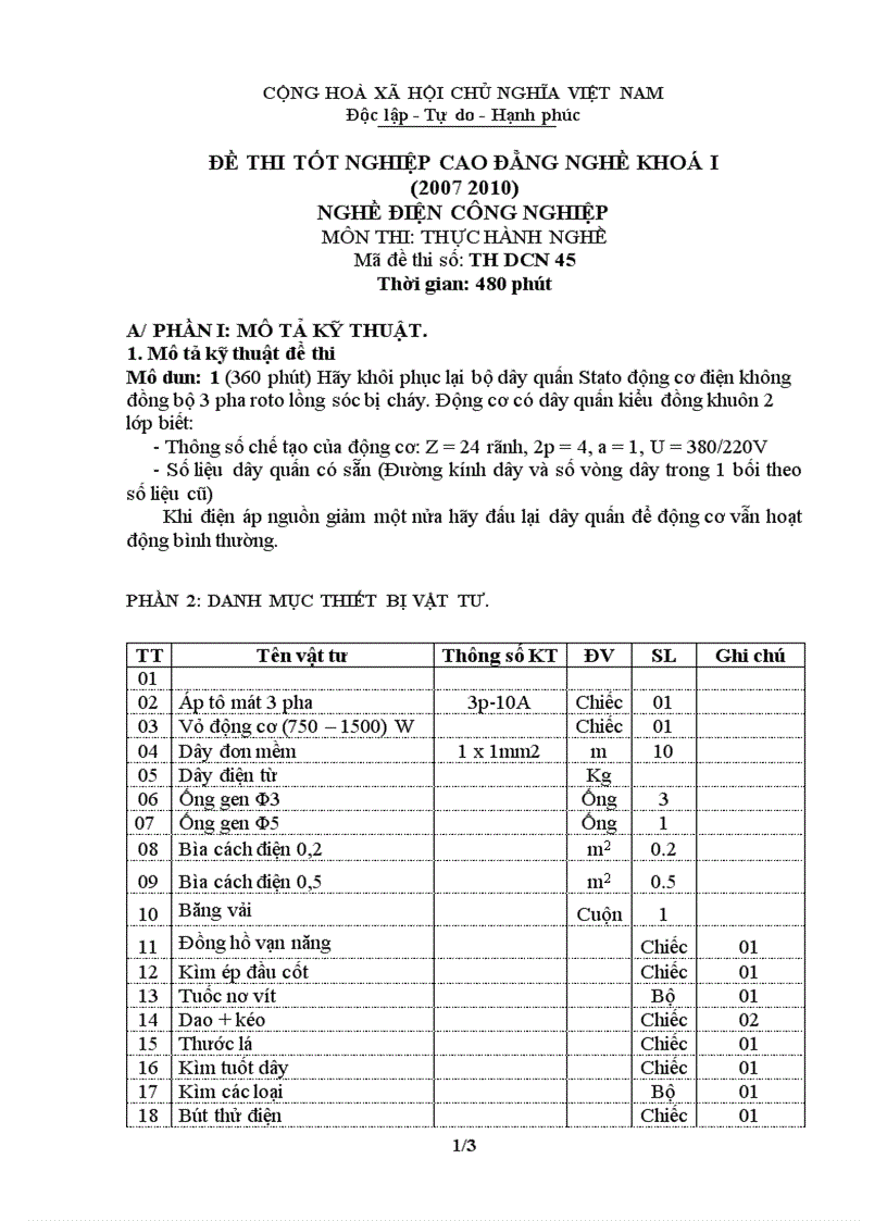Đề thi thực hành nghề điện công nghiệp 45