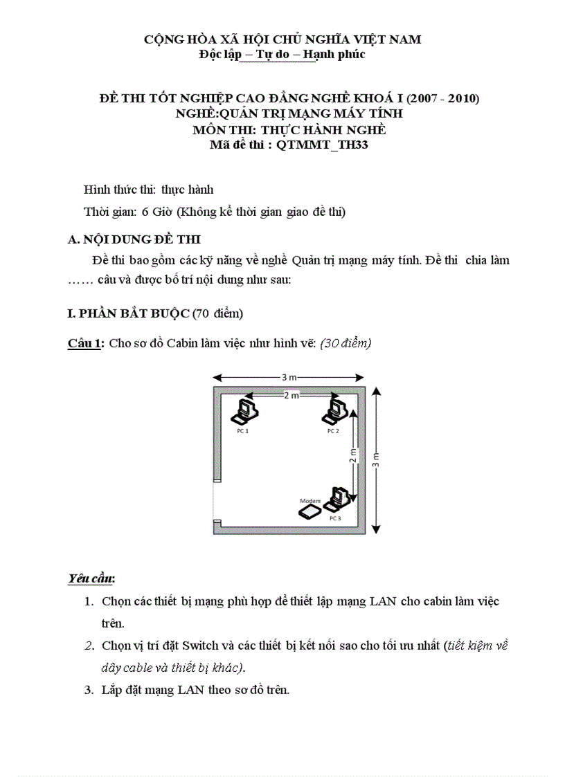 Đề thi nghề Quản trị mạng máy tính Thực hành nghề 33