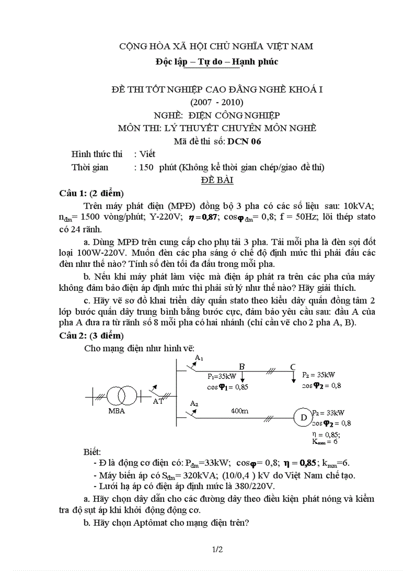 Đề thi lý thuyết nghề điện công nghiệp 6