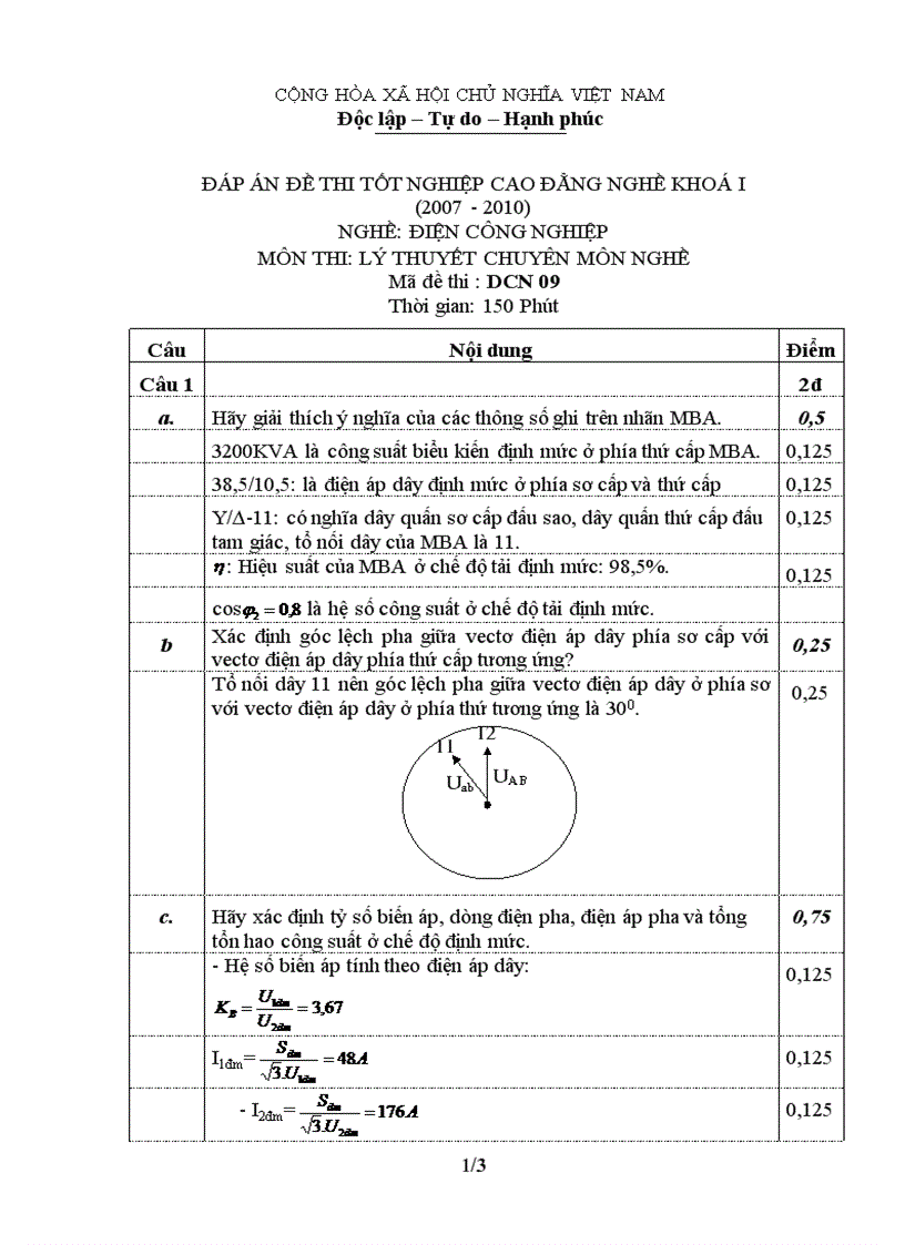 Đáp án đề thi lý thuyết nghề điện công nghiệp 9